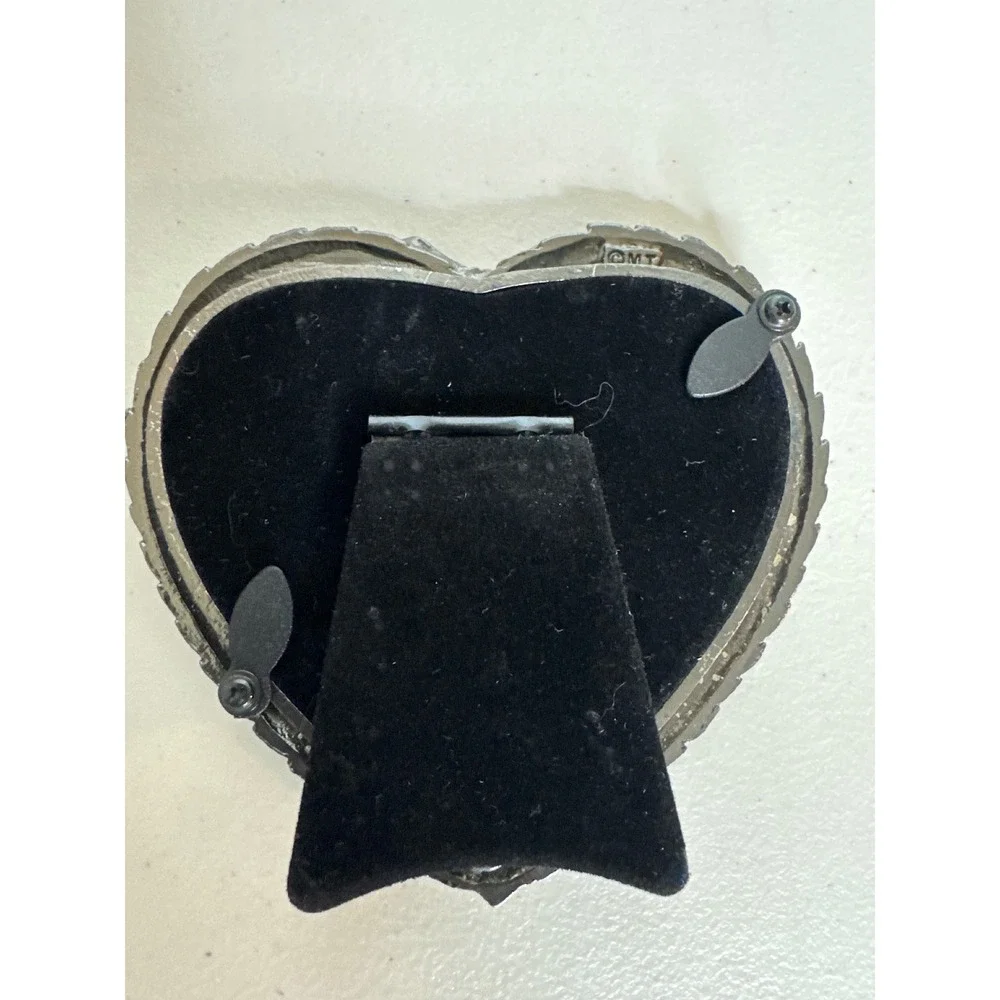 Vintage MT Pewter Tone Heart Picture Frame Rose Floral Bow Victorian Style 3.5in